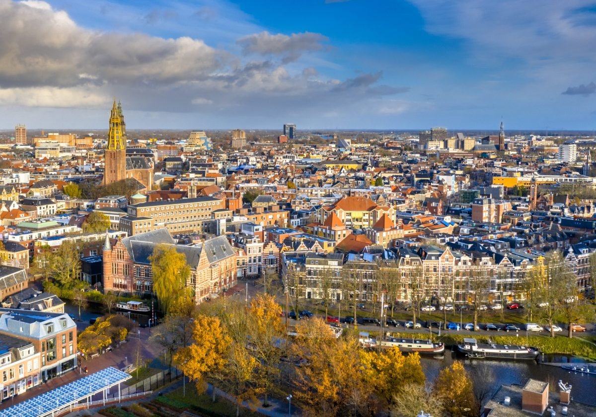Aerial view of Groningen city centre seen from the south with blue loudy sky